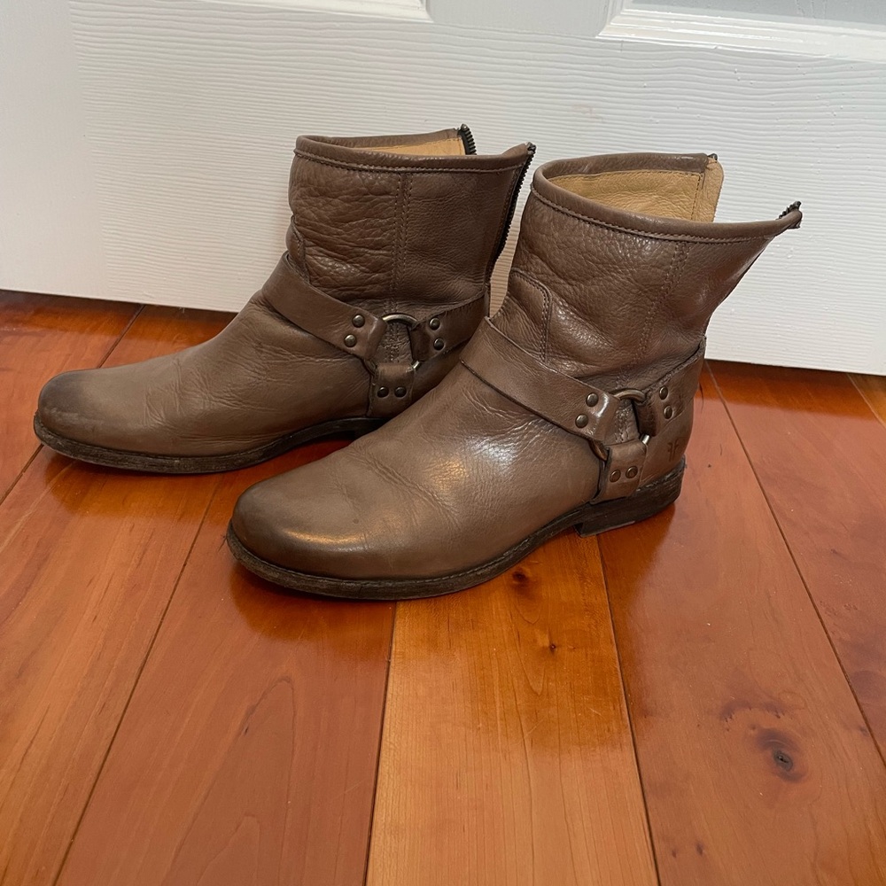 Frye Burnished Taupe Philip Harness Leather Ankle Boots